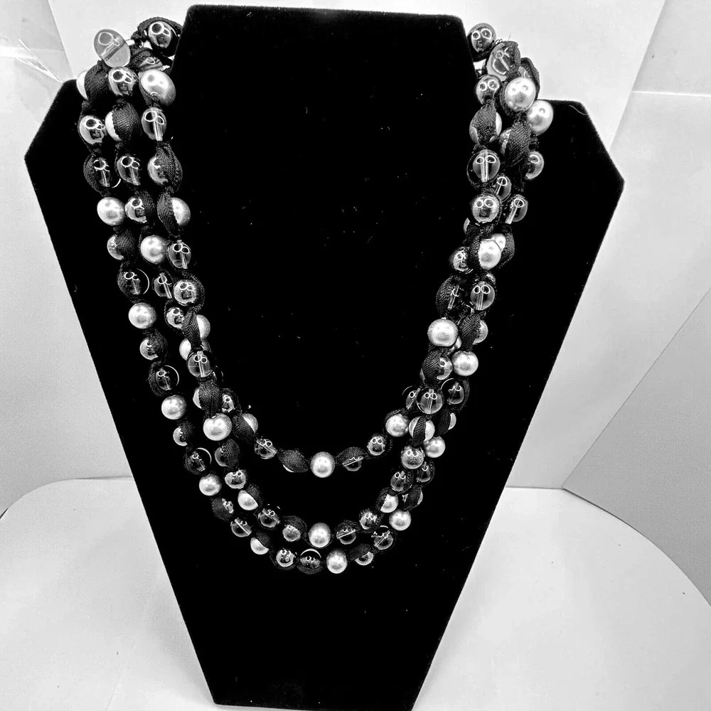 Triple Strand Black Fabric Cord Necklace Silver Smoke Grey Beaded Layered Toggle